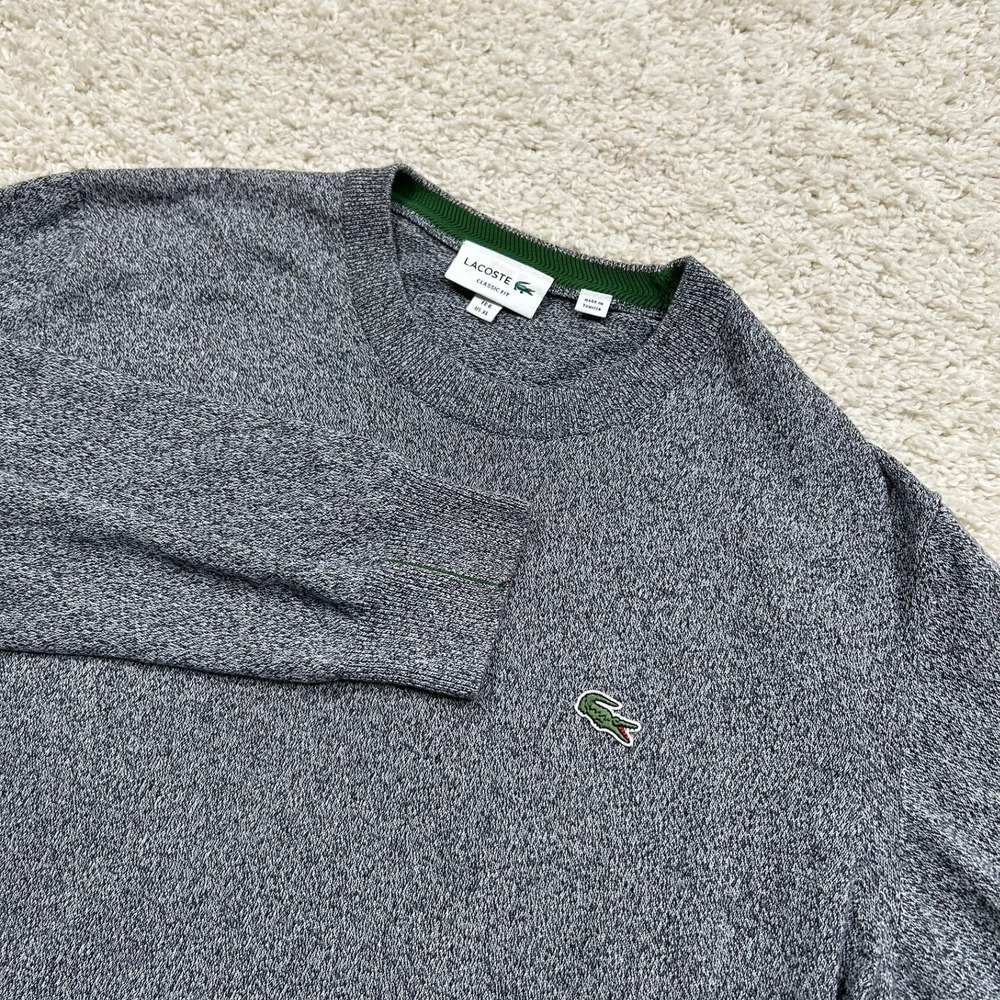 Lacoste Sweater XL Grey Classic Fit Crewneck Cotton Pullover Preppy Long Sleeve